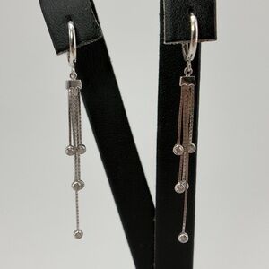 14K White Gold CZ Chain Drop Huggie Hoop Earrings 2.6g Solid Gold Dangle New